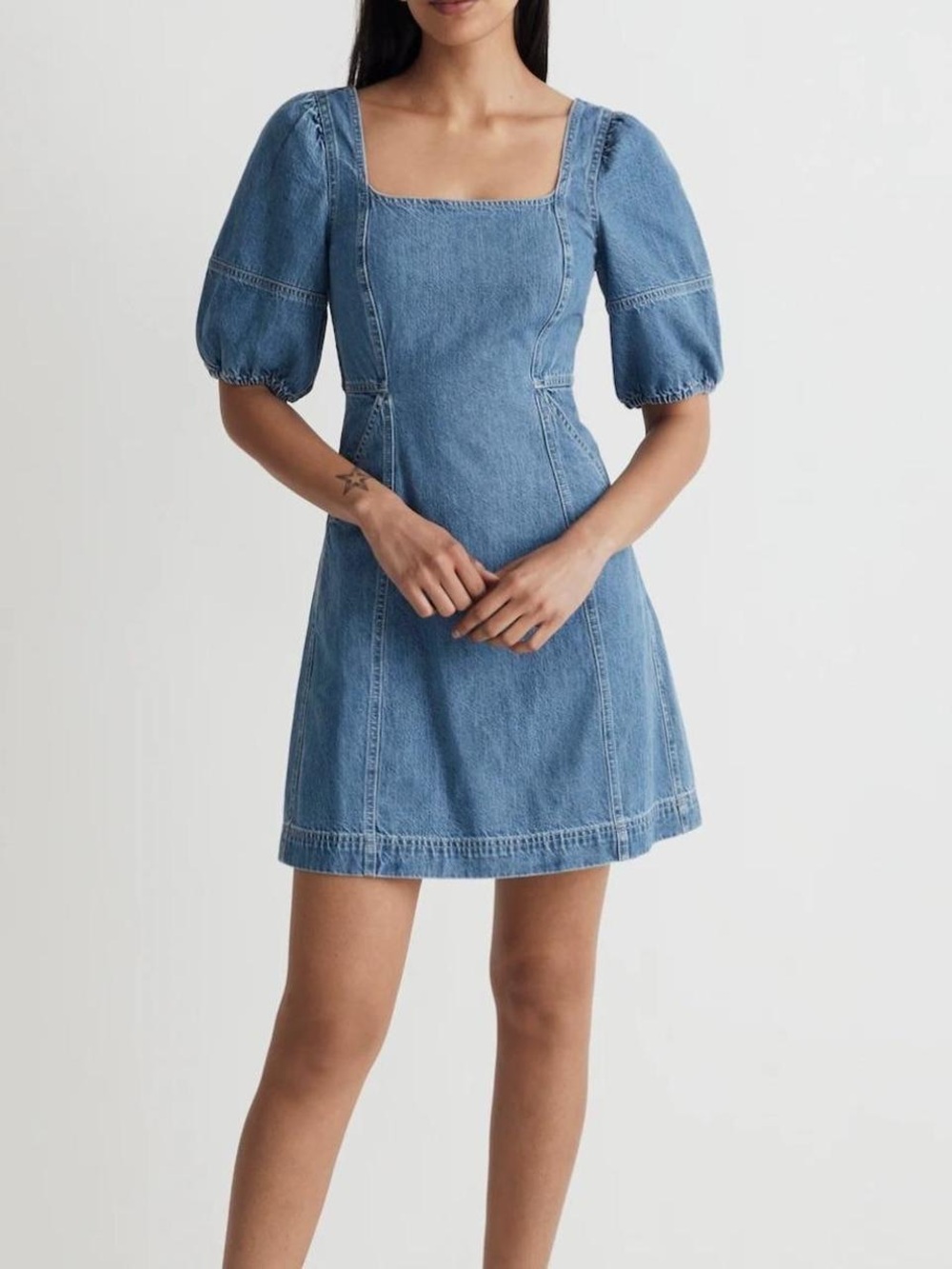 Square Neck Denim Mini Dress with Puff Sleeves